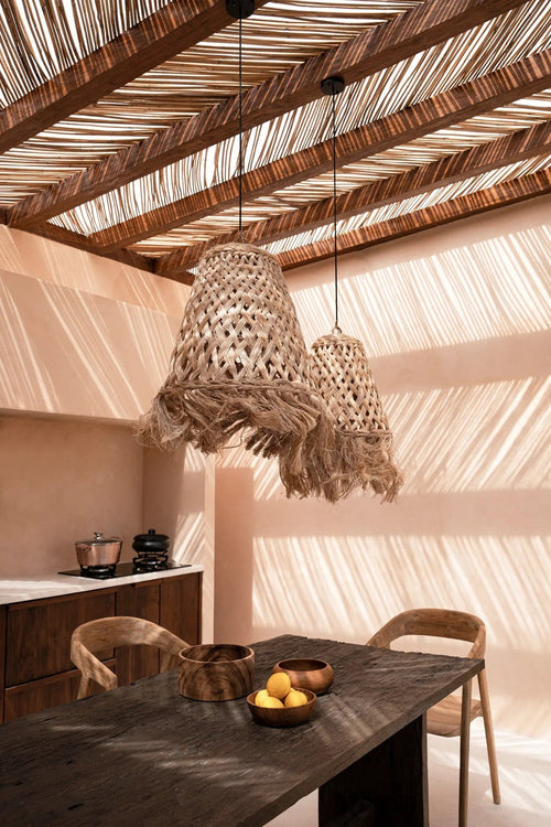 Abaca Jelly Fish Pendant Light – Natural, Medium – styled above a dining table beneath a timber roof