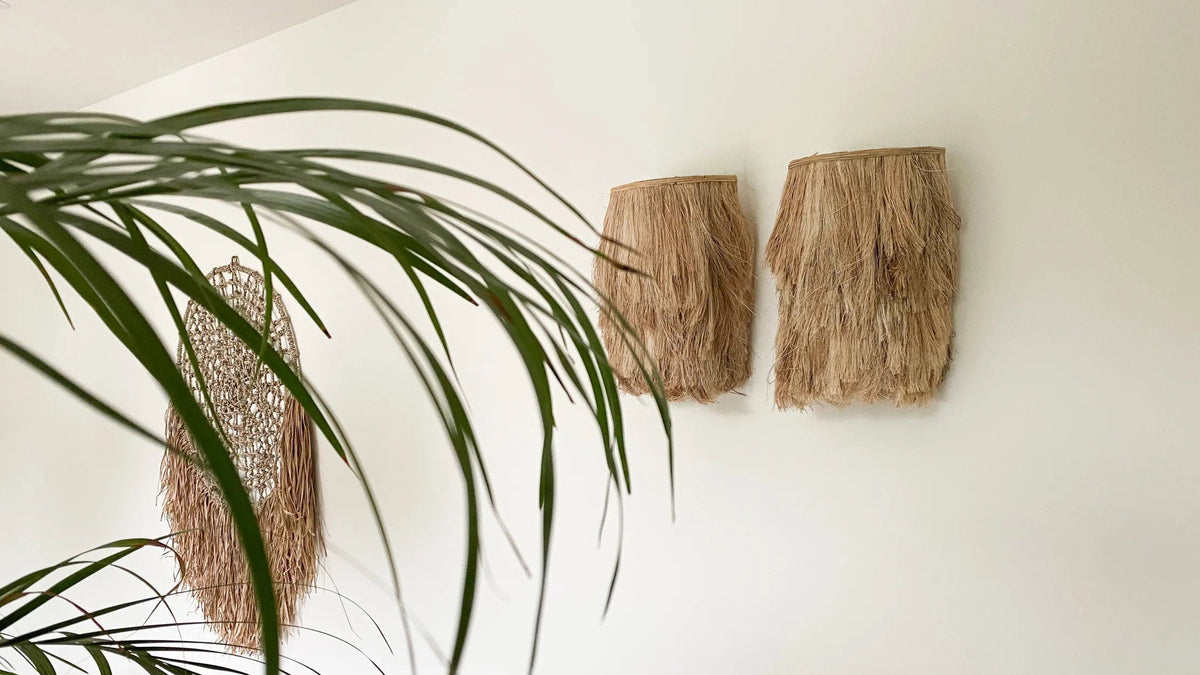 Abaca Wall Applique – Natural, Small – wall-applique family view behind palm leaves
