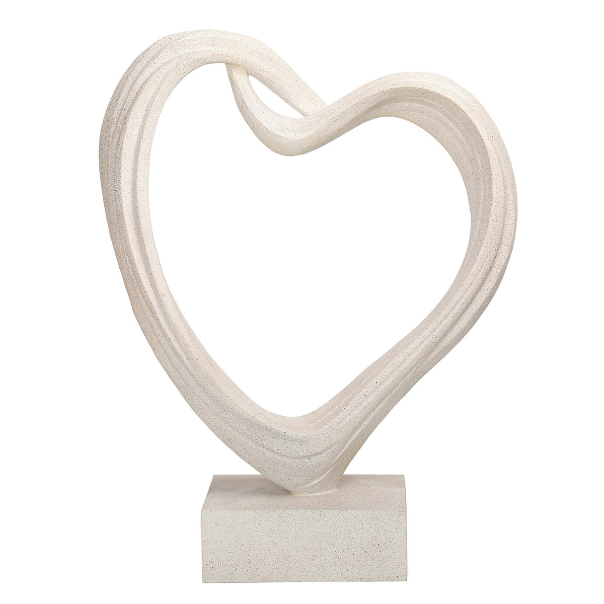White open-heart sculpture on a rectangular plinth, showing grooved curves and an overlapping loop at the top.