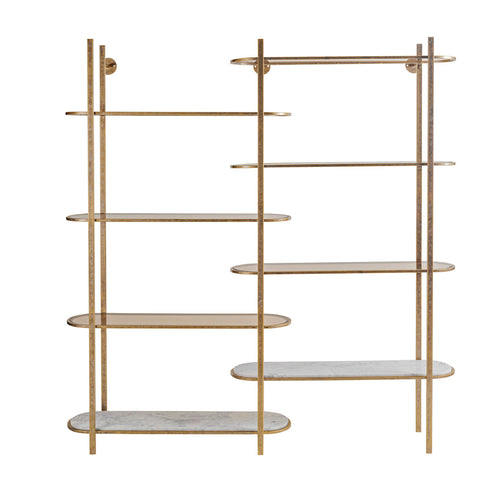 Front view of open gold shelving with staggered rounded platforms in brown glass and white veined marble.