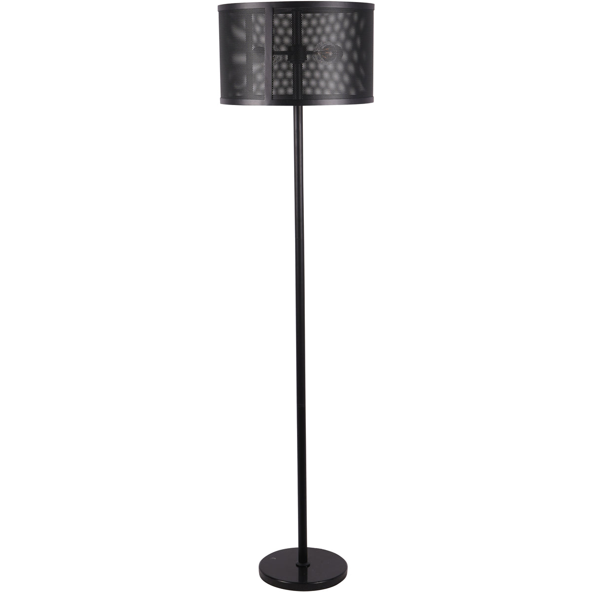 Full view of the black After Dusk floor lamp with a broad mesh drum shade, slender stem and round base.