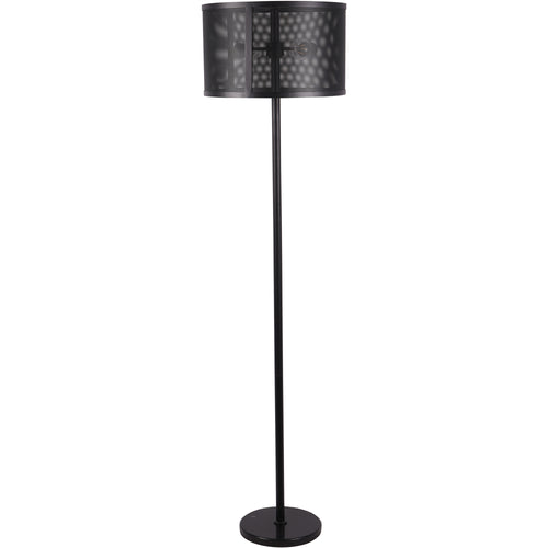 Full view of the black After Dusk floor lamp with a broad mesh drum shade, slender stem and round base.