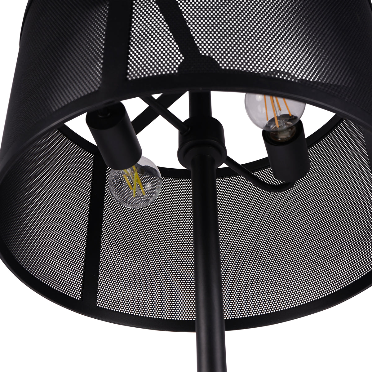 View beneath the mesh shade showing three sockets around the central support, with two bulbs visible.