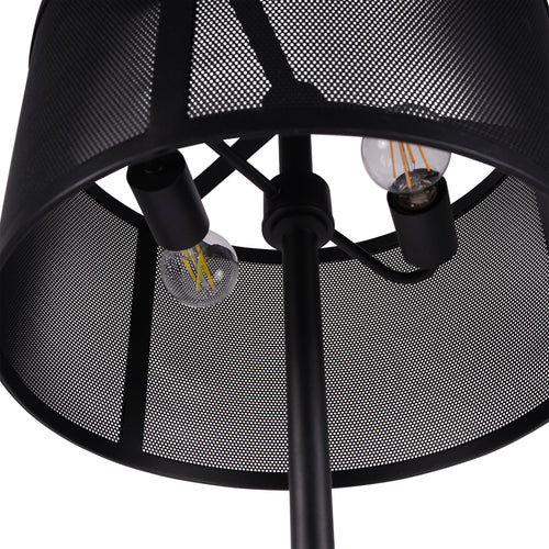 View beneath the mesh shade showing three sockets around the central support, with two bulbs visible.