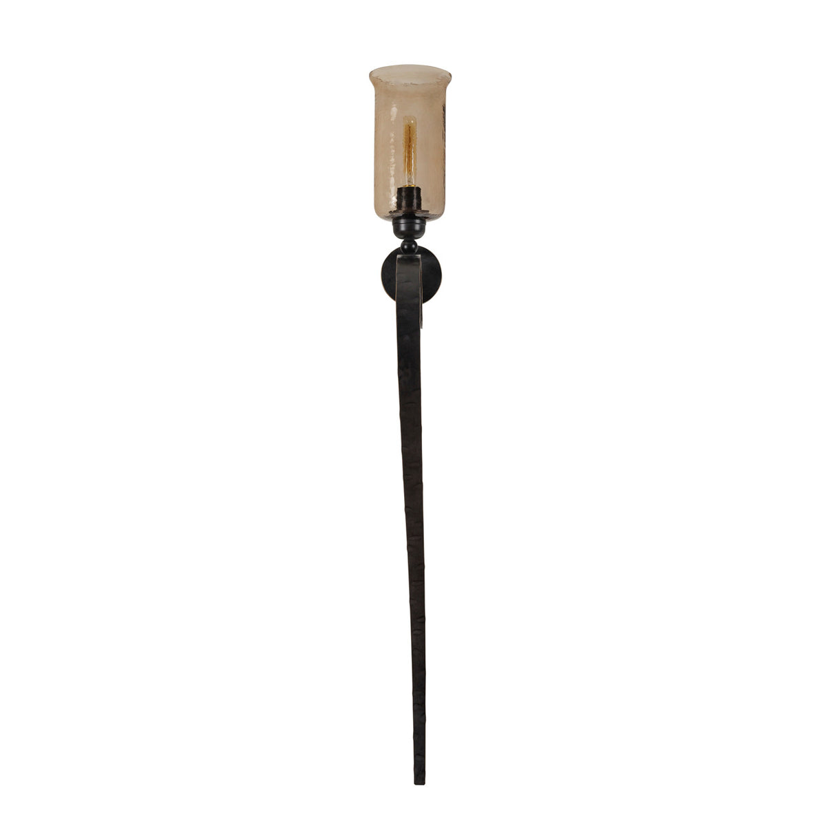 Front view of the unlit Afterglow Wall Light with an amber cylindrical shade and long dark strip below a circular wall plate.