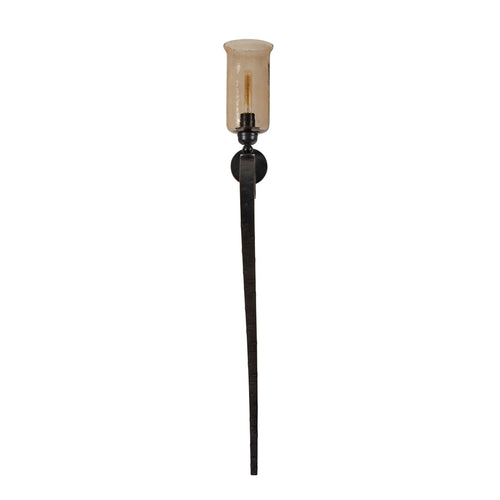 Front view of the unlit Afterglow Wall Light with an amber cylindrical shade and long dark strip below a circular wall plate.
