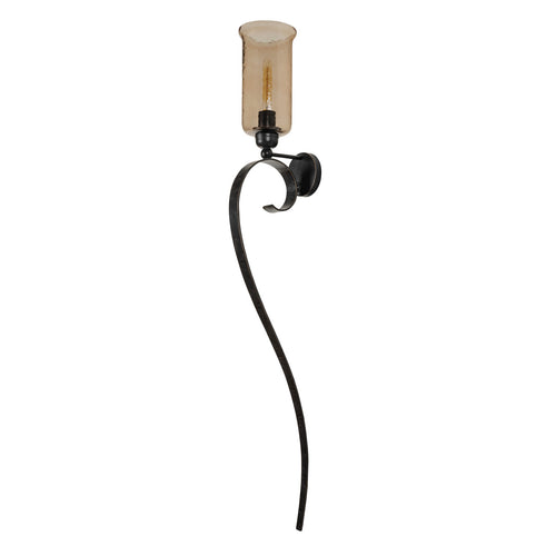 Angled view showing the amber glass shade, projecting iron scroll bracket and long curved lower strip.