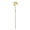 Full view of a cream artificial botanical spray with a long green stem branching beneath two main flower clusters on a white background.