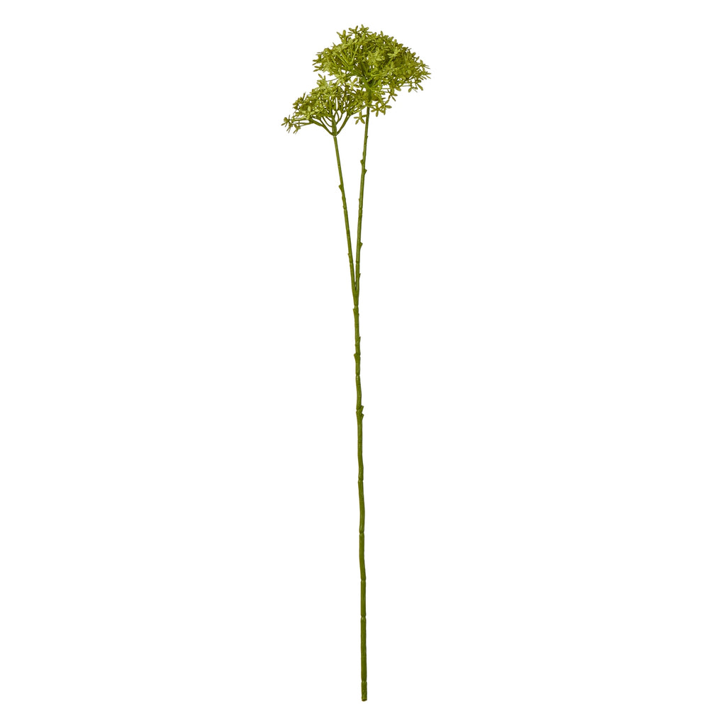 Full view of a green artificial botanical spray, with a long slender stem branching into clustered flower heads against white.