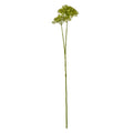 Full view of a green artificial botanical spray, with a long slender stem branching into clustered flower heads against white.