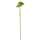 Full view of a green artificial botanical spray, with a long slender stem branching into clustered flower heads against white.