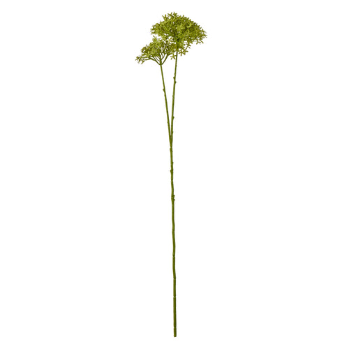 Full view of a green artificial botanical spray, with a long slender stem branching into clustered flower heads against white.