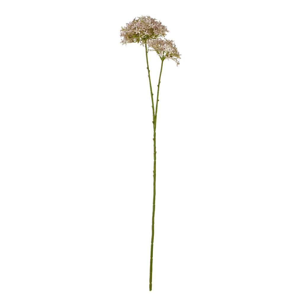 Full view of a lilac-grey artificial botanical spray with a long green stem branching into two flower clusters against white.