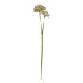 Full view of a lilac-grey artificial botanical spray with a long green stem branching into two flower clusters against white.