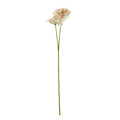 Full view of a pale pink artificial botanical spray with a long green stem branching beneath loose flower clusters on a white background.