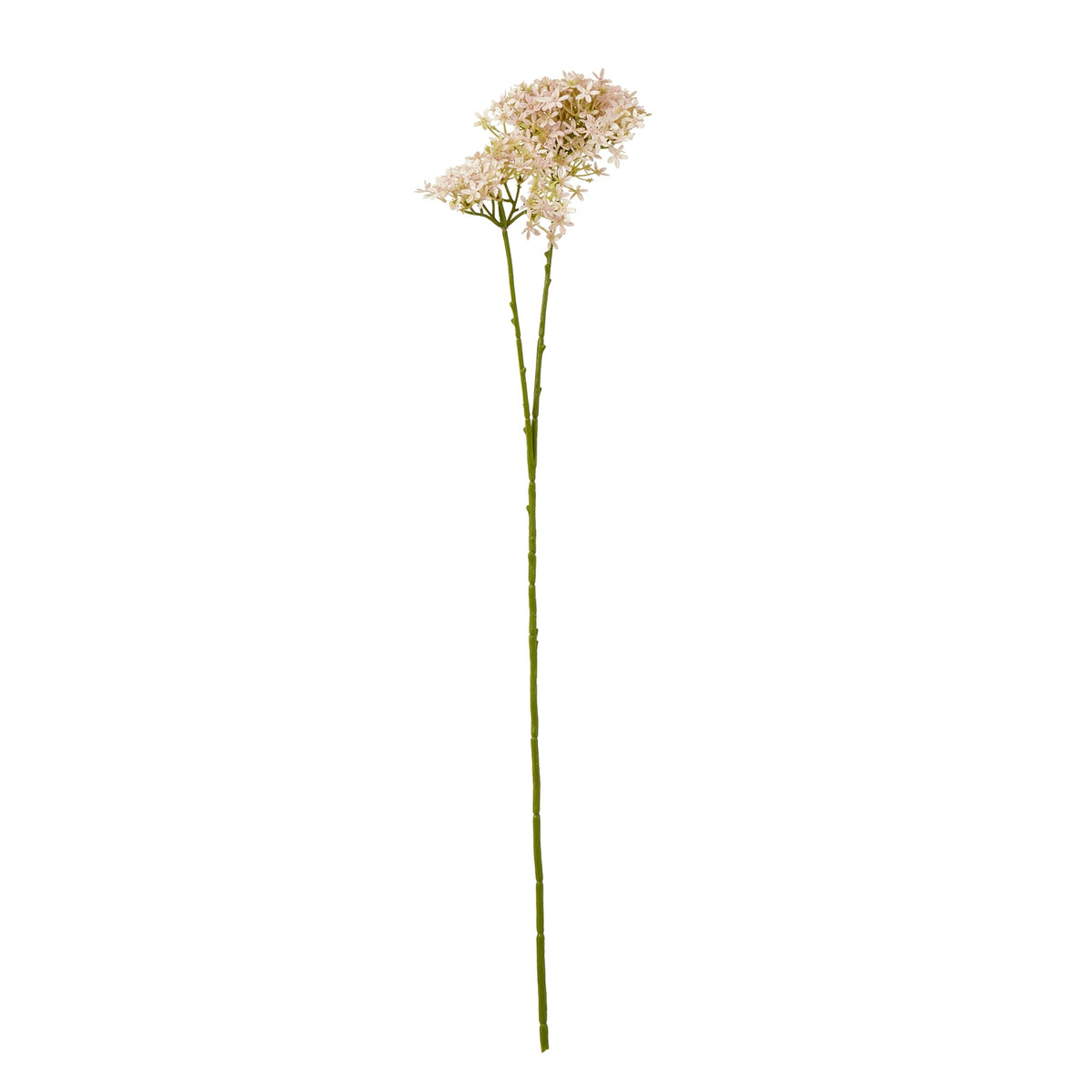 Full view of a pale pink artificial botanical spray with a long green stem branching beneath loose flower clusters on a white background.