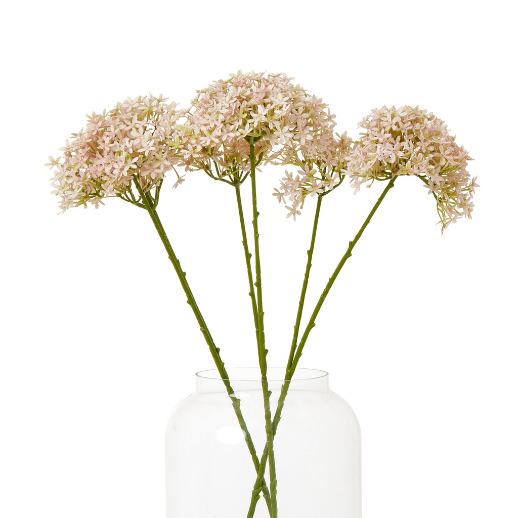 Several pale pink botanical sprays arranged at different angles in a clear glass vase, with their green stems visible through the glass.