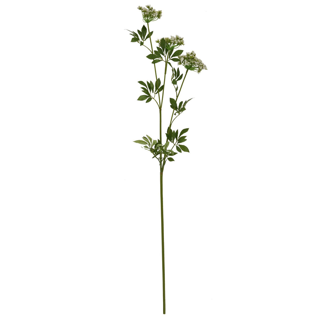 Full view of the Airy Floret artificial flower spray, with white flower clusters and green leaves above a long slender stem.