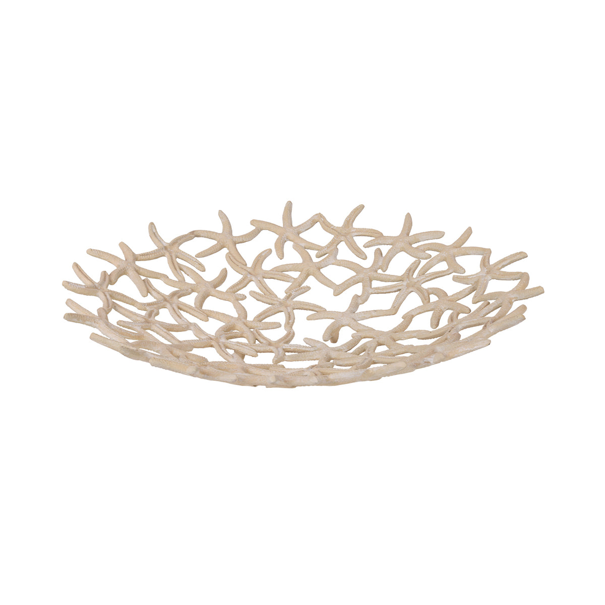 Angled view of the pale beige Alluvium Bowl, showing its shallow shape and overlapping starfish lattice.