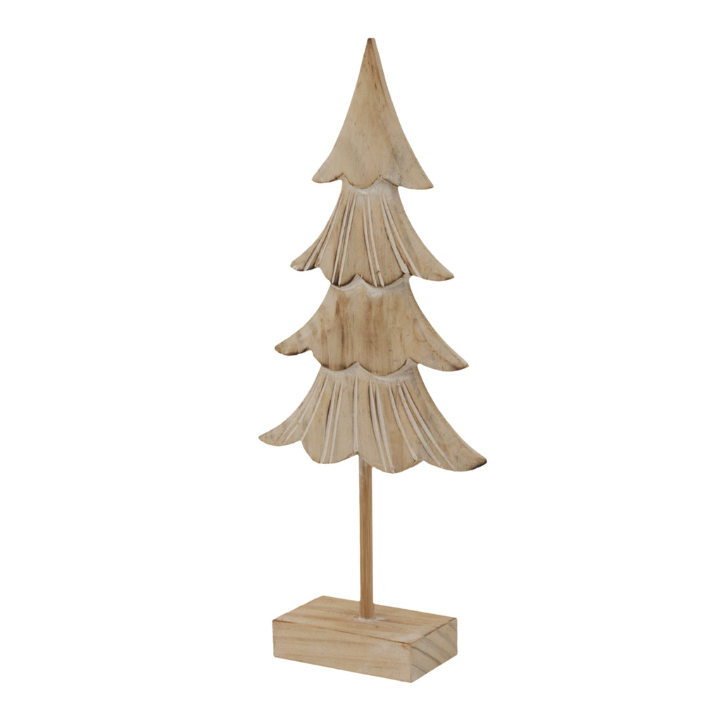 Angled view of the pale fir tree ornament showing the relief lines across its branch tiers and the top and side of its rectangular base.