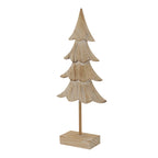 Angled view of the pale fir tree ornament showing the relief lines across its branch tiers and the top and side of its rectangular base.