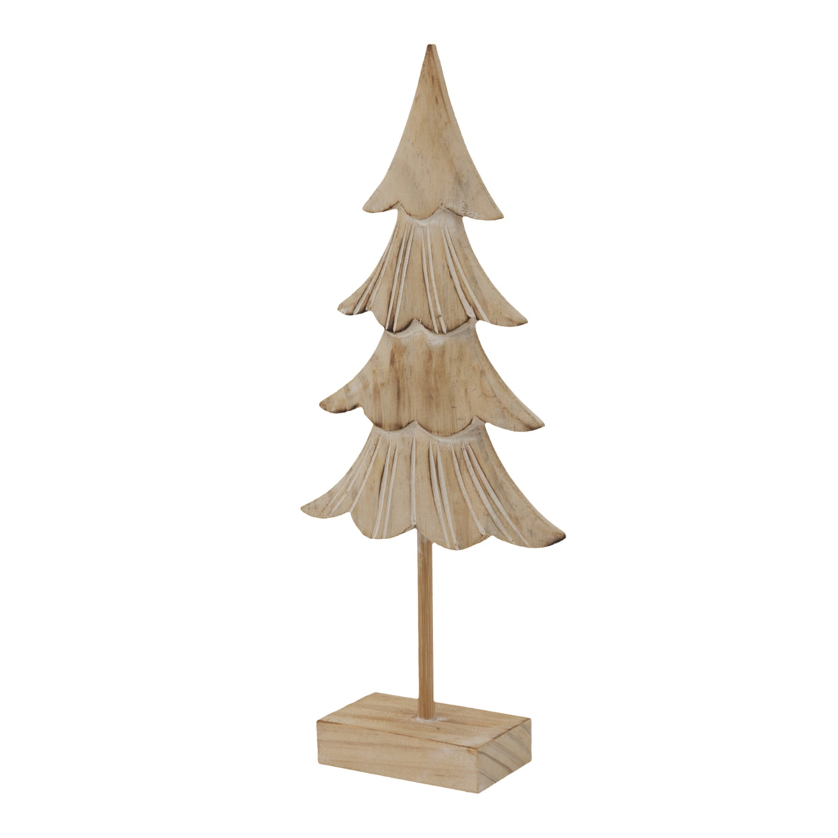 Angled view of the pale fir tree ornament showing the relief lines across its branch tiers and the top and side of its rectangular base.