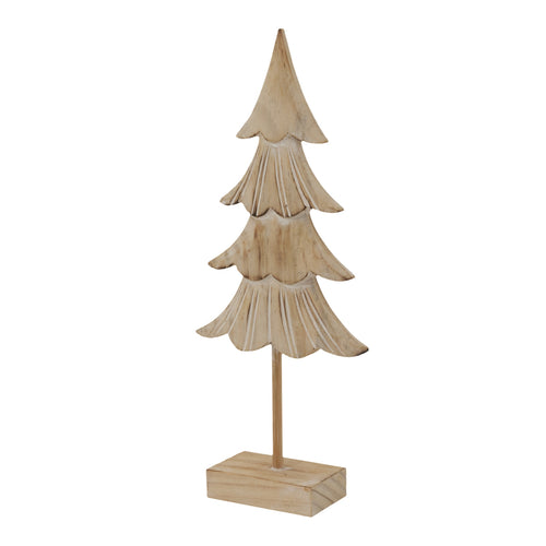 Angled view of the pale fir tree ornament showing the relief lines across its branch tiers and the top and side of its rectangular base.
