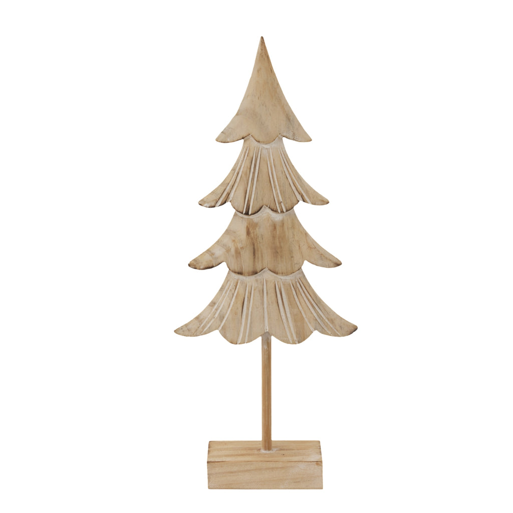 Front view of a pale fir tree ornament with alternating plain and lined scalloped tiers, a slender stem and a rectangular base.