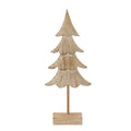 Front view of a pale fir tree ornament with alternating plain and lined scalloped tiers, a slender stem and a rectangular base.