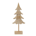 Front view of a pale fir tree ornament with alternating plain and lined scalloped tiers, a slender stem and a rectangular base.