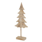 Angled view of the standing fir ornament showing scalloped branches, pale relief lines and the top and side of its rectangular base.