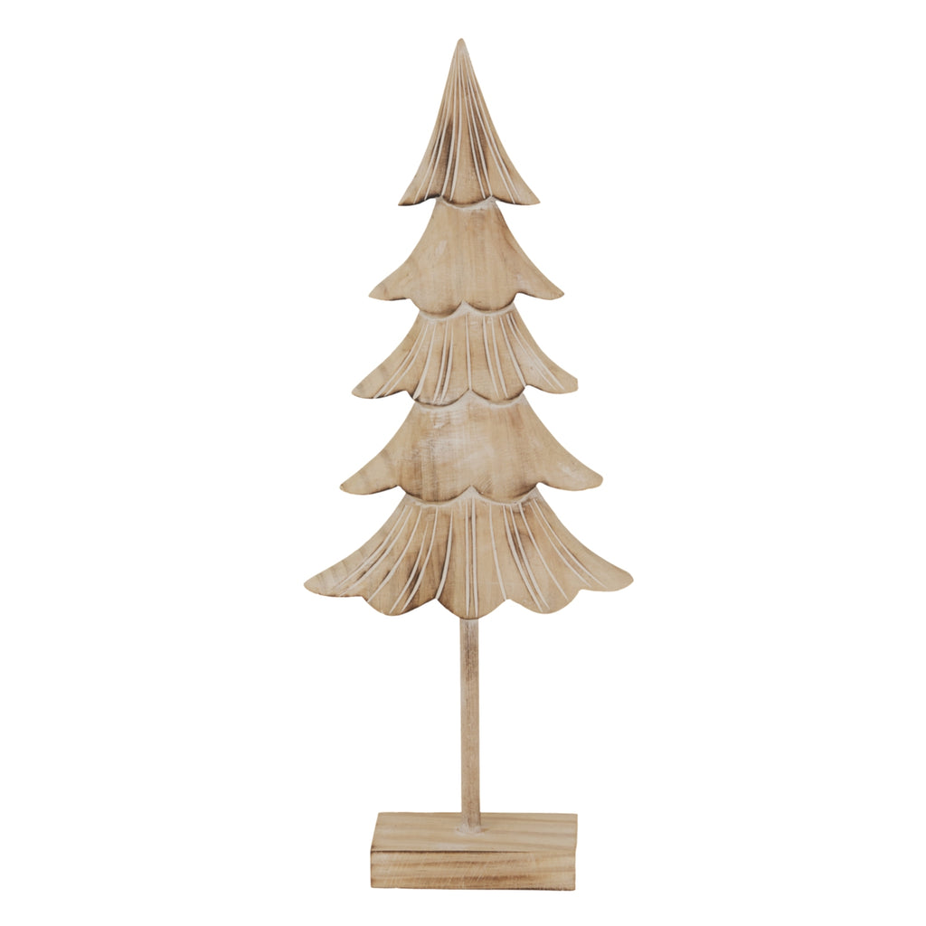 Front view of a pale fir tree ornament with alternating plain and lined tiers, a slender stem and rectangular base on white.
