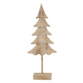 Front view of a pale fir tree ornament with alternating plain and lined tiers, a slender stem and rectangular base on white.