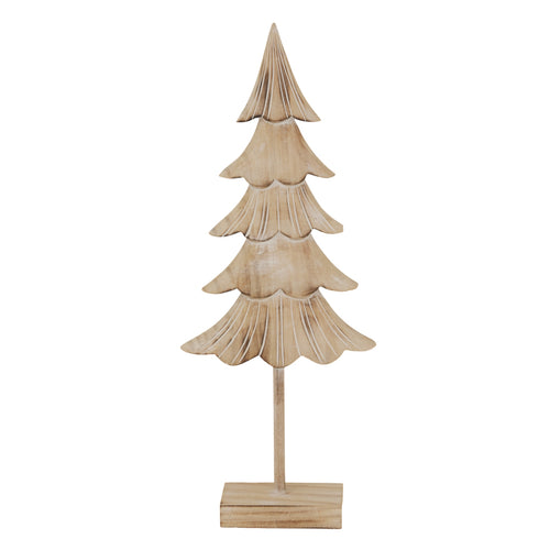 Front view of a pale fir tree ornament with alternating plain and lined tiers, a slender stem and rectangular base on white.
