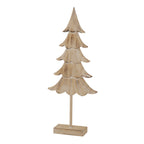Angled view of the pale fir tree ornament showing cream lines across alternating tiers and the depth of its rectangular base.
