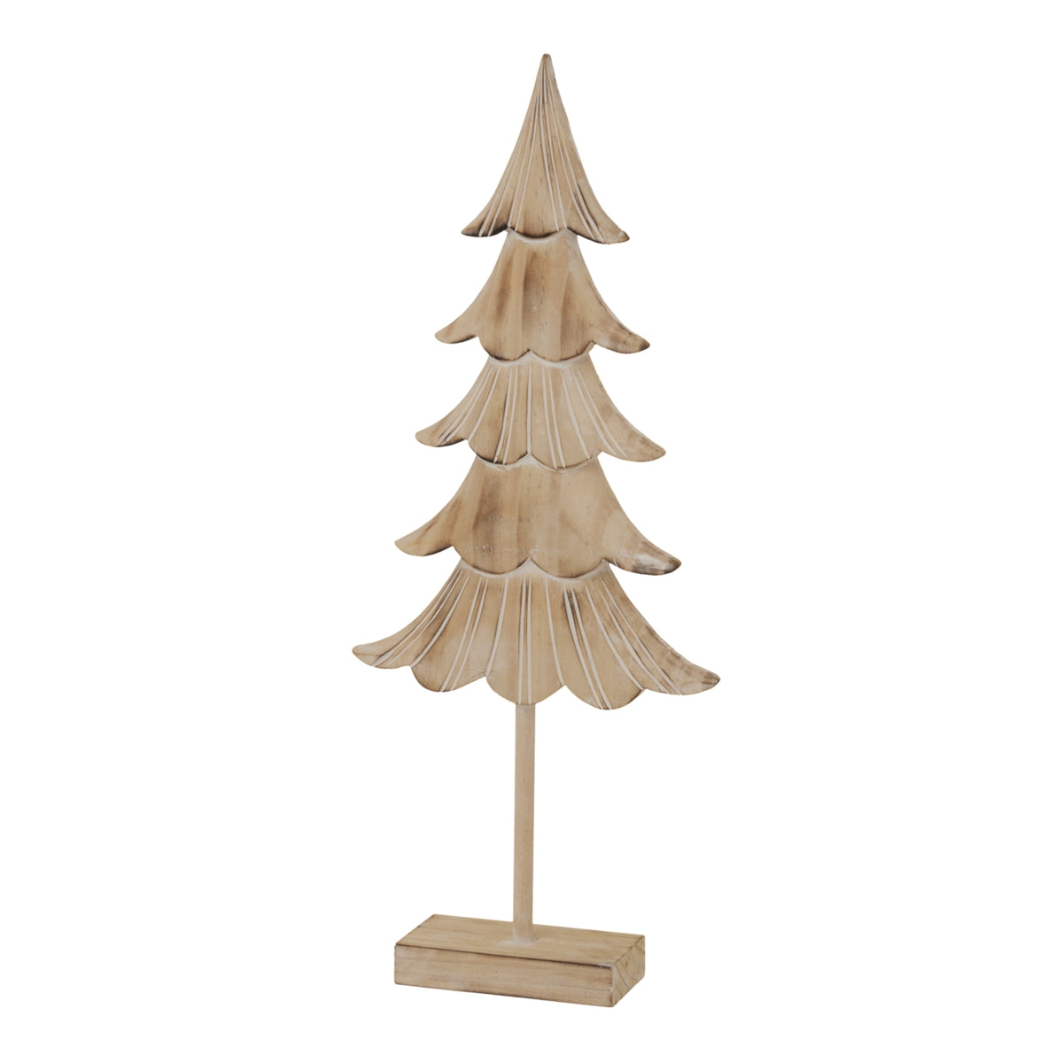 Angled view of the pale fir tree ornament showing cream lines across alternating tiers and the depth of its rectangular base.
