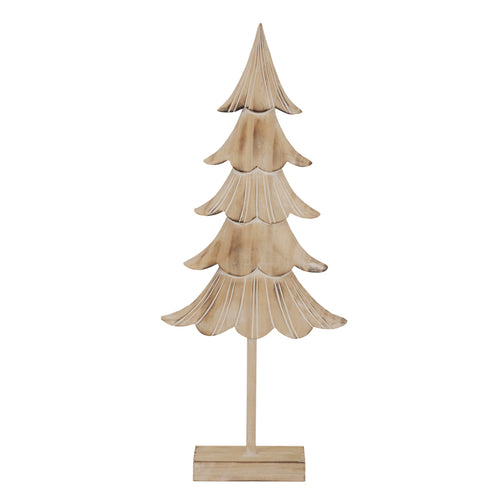 Front view of a pale fir tree ornament with alternating plain and line-patterned scalloped tiers, a slender stem and rectangular base.