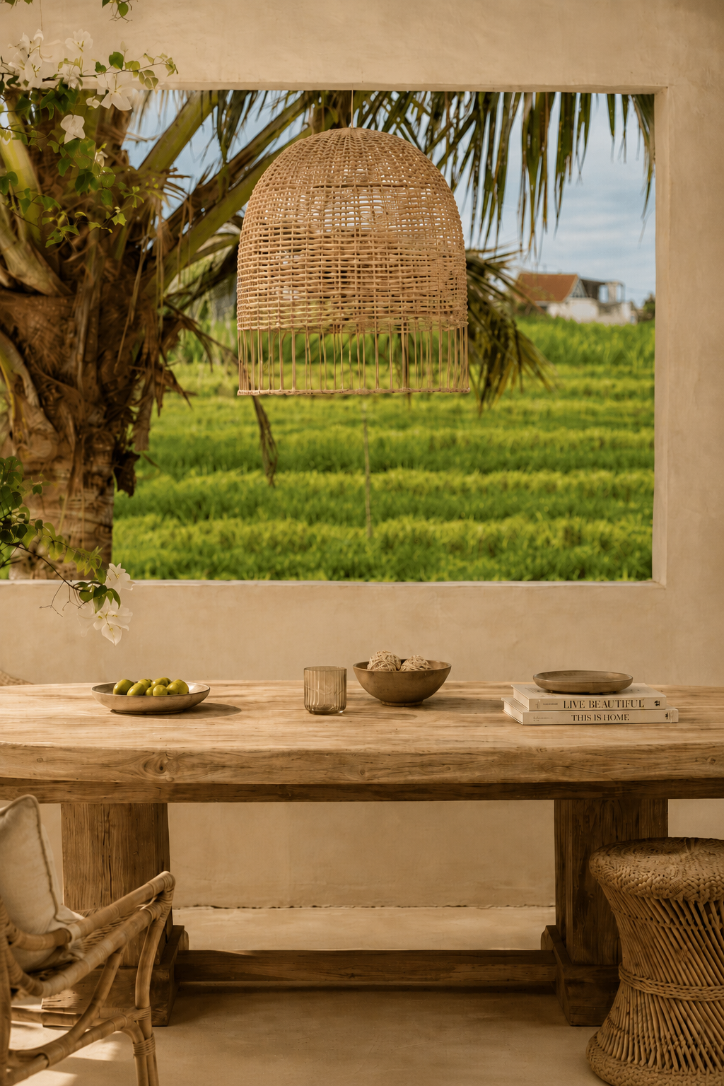 Amalfi Rattan Pendant Light – Natural, Medium – suspended above a table overlooking green fields