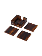Amber Band Coaster Set on white, with three square coasters laid out beside the holder and one coaster inside.