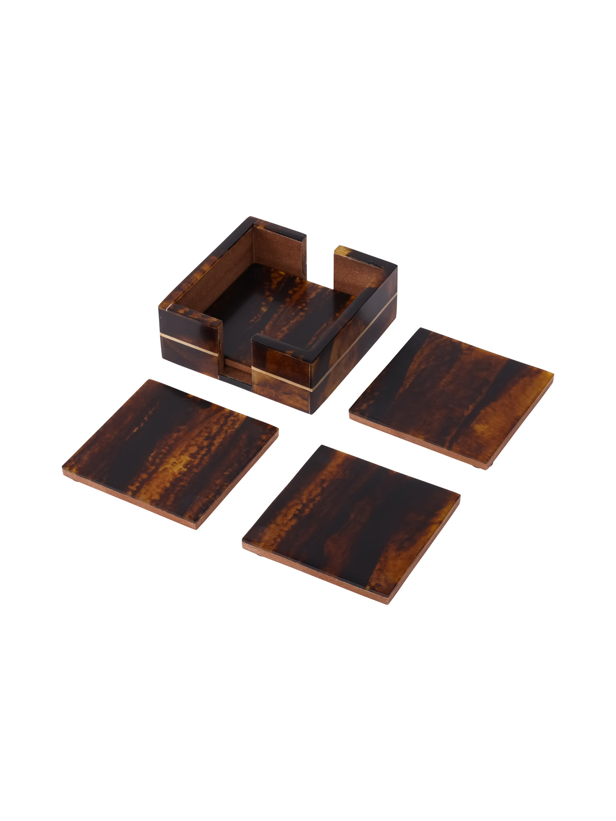 Amber Band Coaster Set on white, with three square coasters laid out beside the holder and one coaster inside.