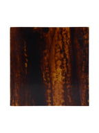 Top view of a square coaster with straight edges and irregular amber, brown and black bands across its surface.