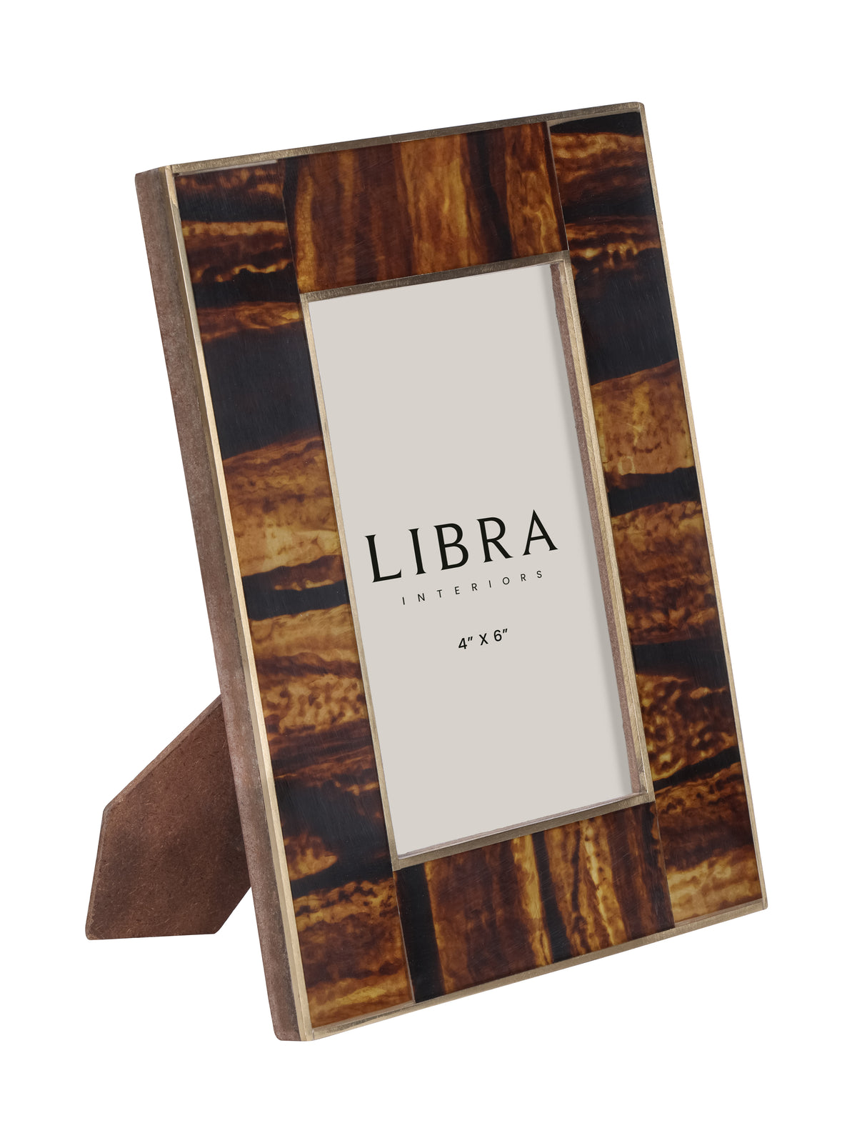 Angled front view of the amber and dark brown banded photo frame with slim brass borders and an open rear stand.