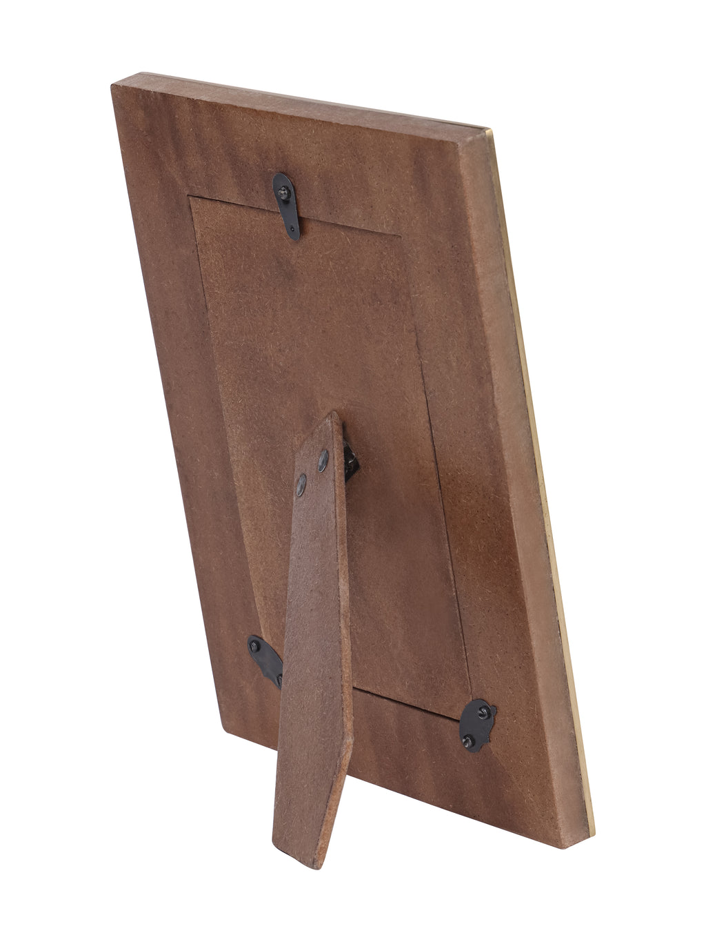 Rear view of the photo frame showing the brown backing panel, black retaining tabs and extended easel support.