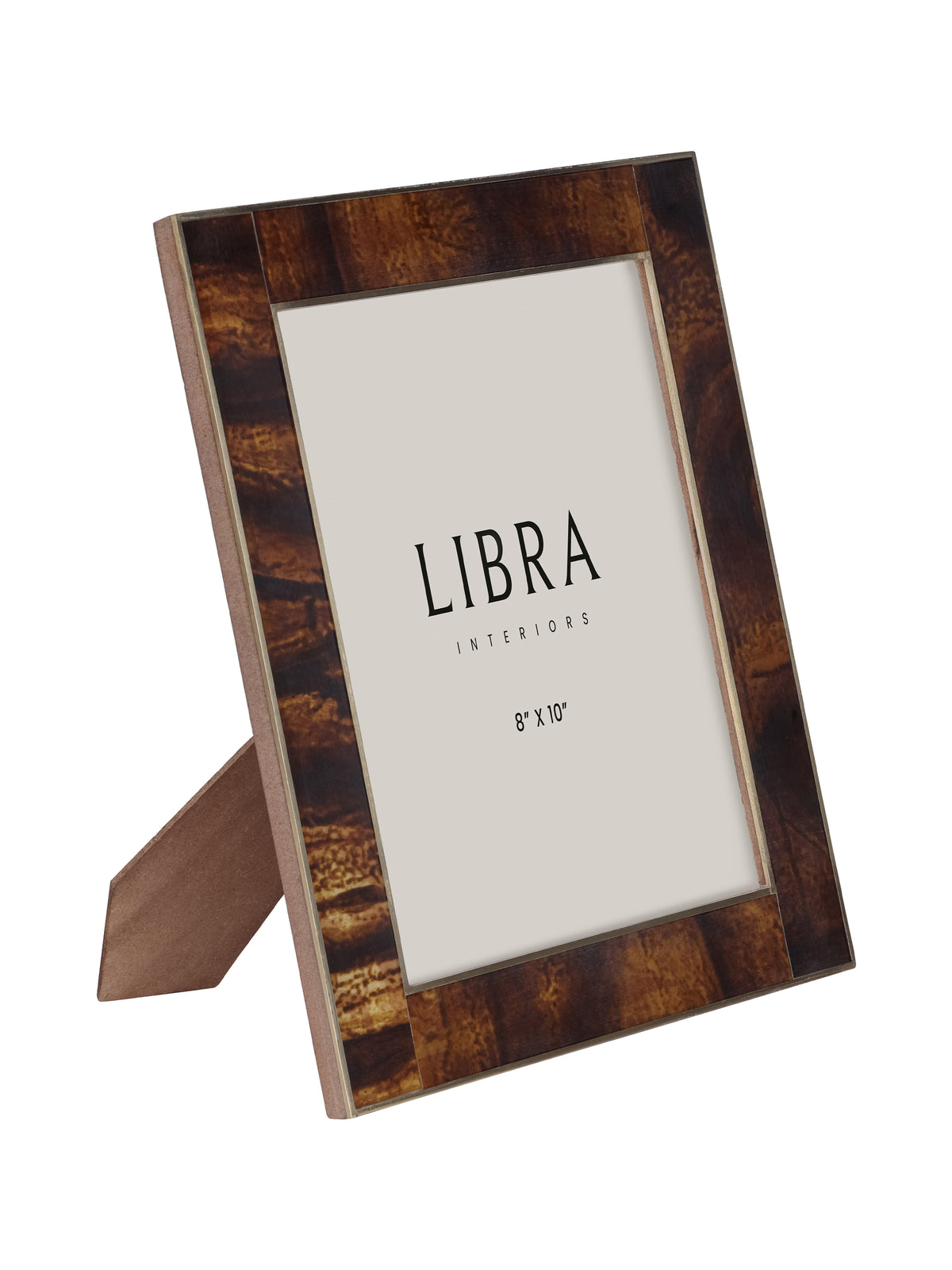 Angled front view of an amber and dark brown photo frame with narrow brass edging and its rear stand open.