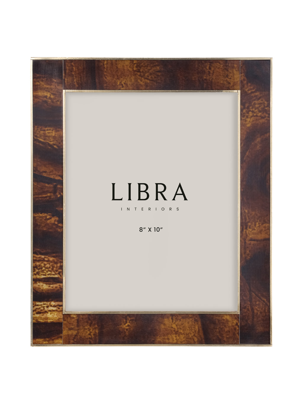 Straight-on view of the rectangular frame, showing its broad patterned brown border and fine brass inner and outer edges.