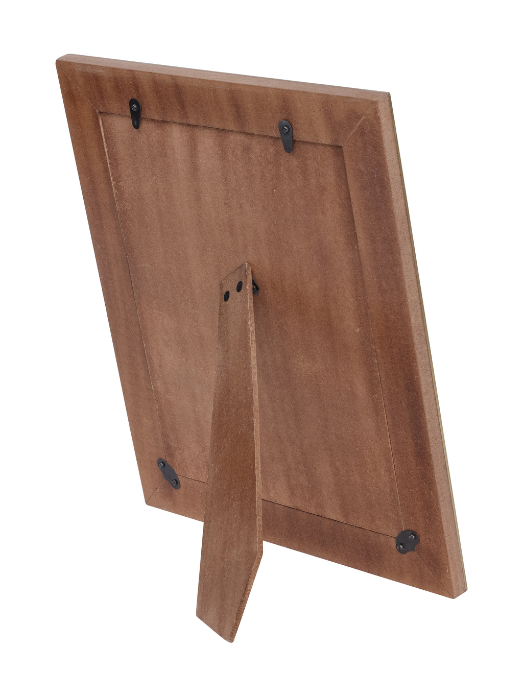 Rear view of the photo frame showing the brown backing panel, four black retaining tabs and an extended easel stand.