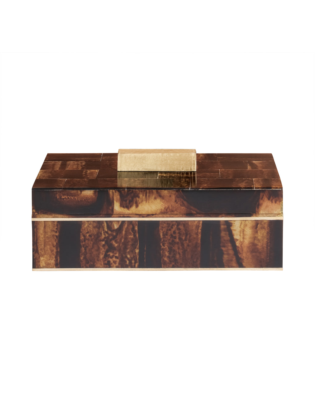 Front view of the closed Amber Band Storage Box with brown and amber pattern, brass trim and rectangular lid handle.