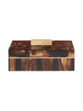 Front view of the closed Amber Band Storage Box with brown and amber pattern, brass trim and rectangular lid handle.