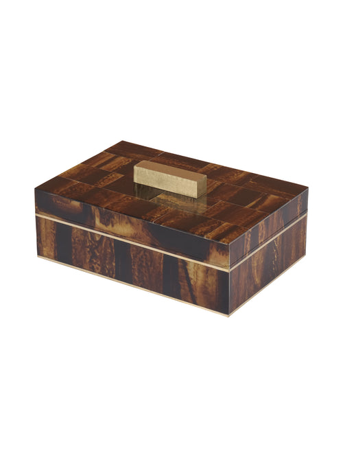 Angled view of the closed storage box showing the patterned glossy lid, right side and brass handle.