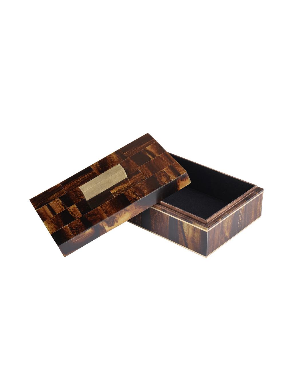 Amber Band Storage Box with its lid resting diagonally across the open box, revealing the dark-lined interior.